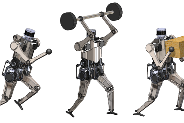 Illustrations of a Dash humanoid robot performing sprint running, powerlifting, and carrying heavy objects while walking movements.