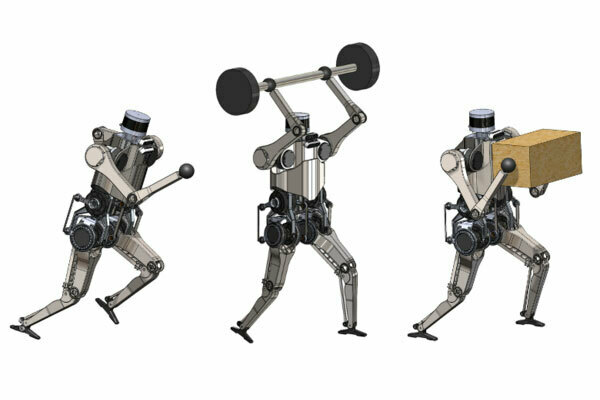 Illustrations of a Dash humanoid robot performing sprint running, powerlifting, and carrying heavy objects while walking movements.